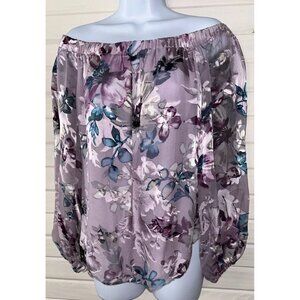 WHBM Sz SMALL Silk Blend Off The Shoulder Floral Blouse Purple Blue Lined EUC